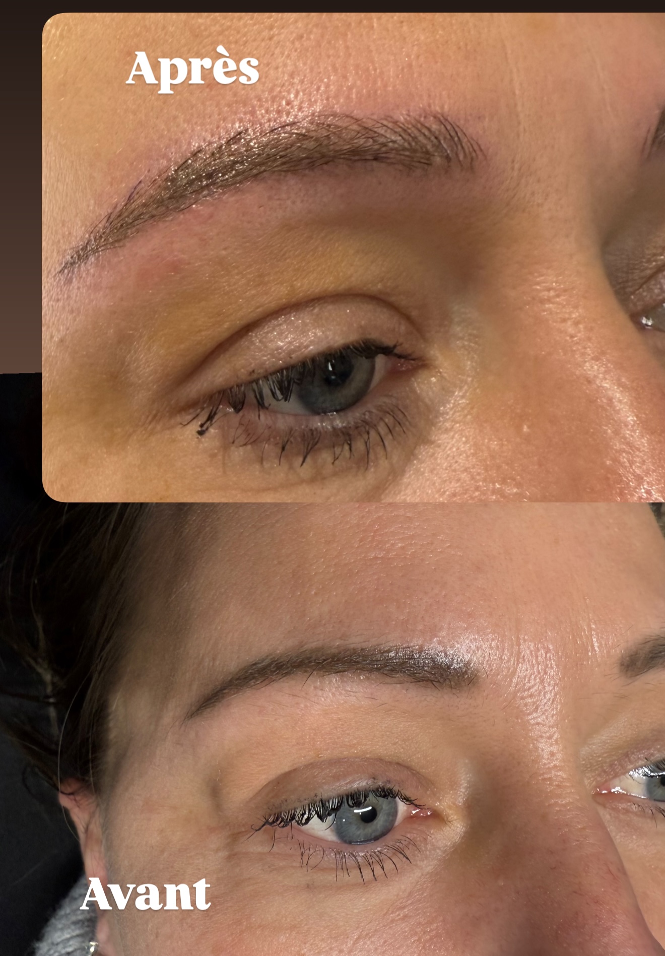 AVANT avec maquillage et APRÈS le microblading et sharing